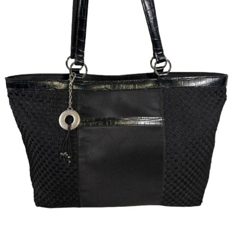 Vintage Y2K Coldwater Creek Black Woven Basket Weave Grosgrain Tote Bag Purse